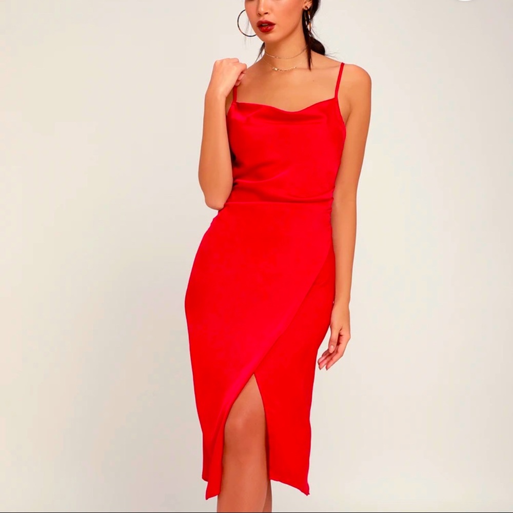 Hollywood Woman Red Satin Midi Dress